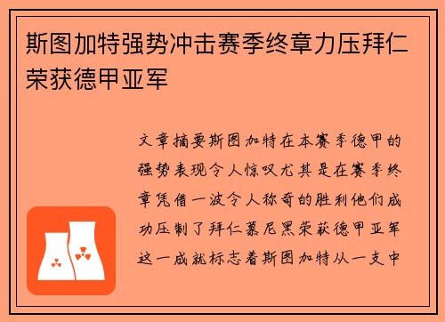 斯图加特强势冲击赛季终章力压拜仁荣获德甲亚军